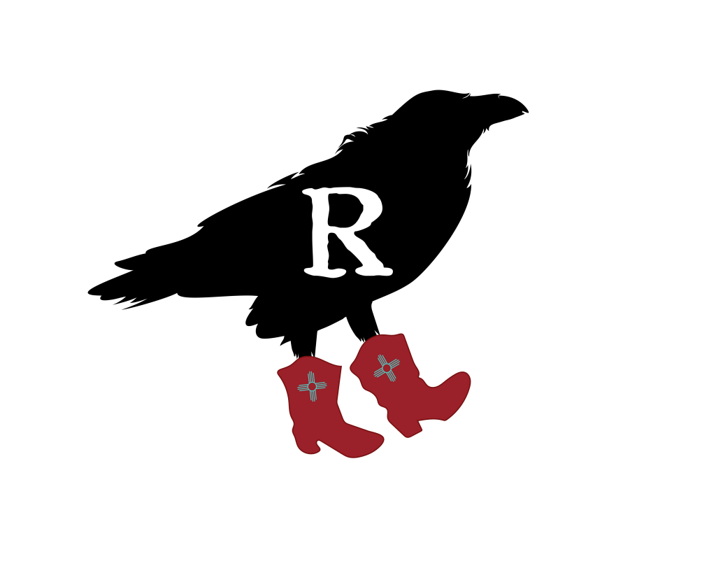 Raven Hill logo is a raven with a white "R" in the center wearing red boots with turquoise zia symbols on the top.